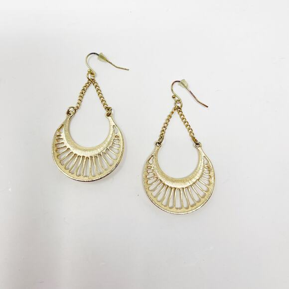 Gold Tone Rhinestone Dangle Drop Earrings Open Work Fashion Costume Statement - Picture 4 of 4